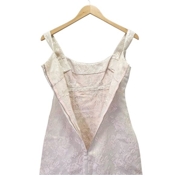 Vintage 1960s Handmade Taupe Blush Brocade Mini Dress Pastel Pink Bow – Size 0/2 - Picture 8 of 15